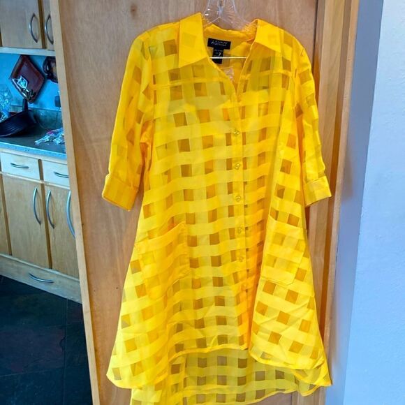 Ashro Duster Blouse sheer contrast gridded pockets button down Top Yellow size M - Picture 1 of 12